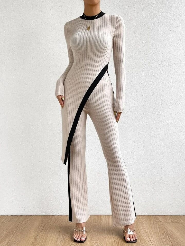 Kadın Uzun Kollu Bisiklet Yaka Asimetrik Kesim Bluz şardonlu Kaşkorse Bluz Ve Pantolon Ikili Takım