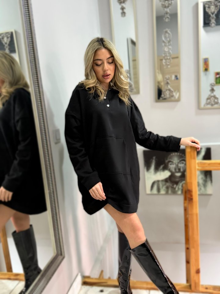 Kadın Uzun Kollu Kapşonlu Bağcıklı önden Düğmeli Ve Cepli Iki Iplik şardonlu Elbise