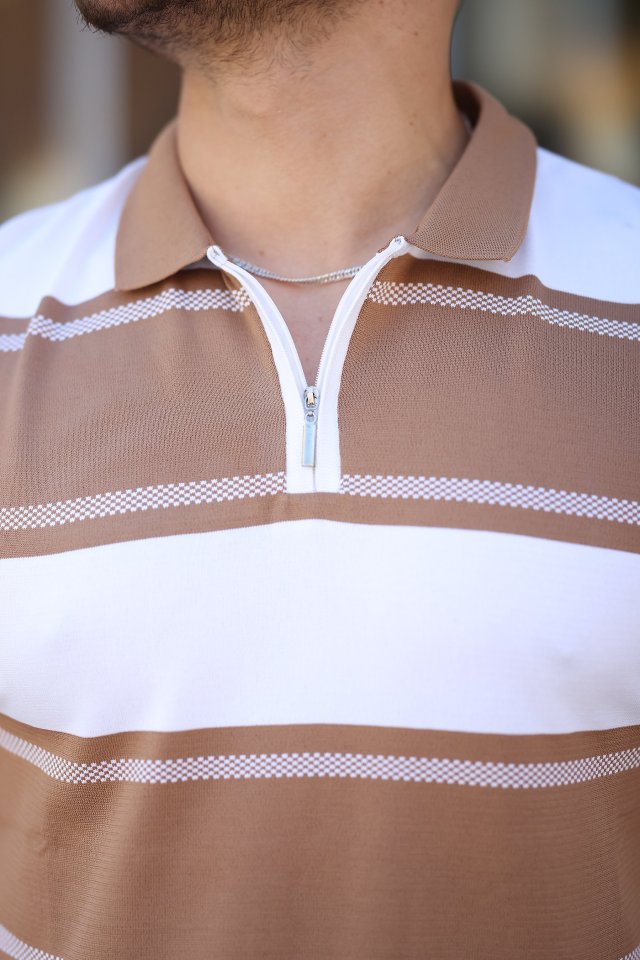 Erkek Yakalı Fermuarlı çift Renk Kısa Kollu T-shirt