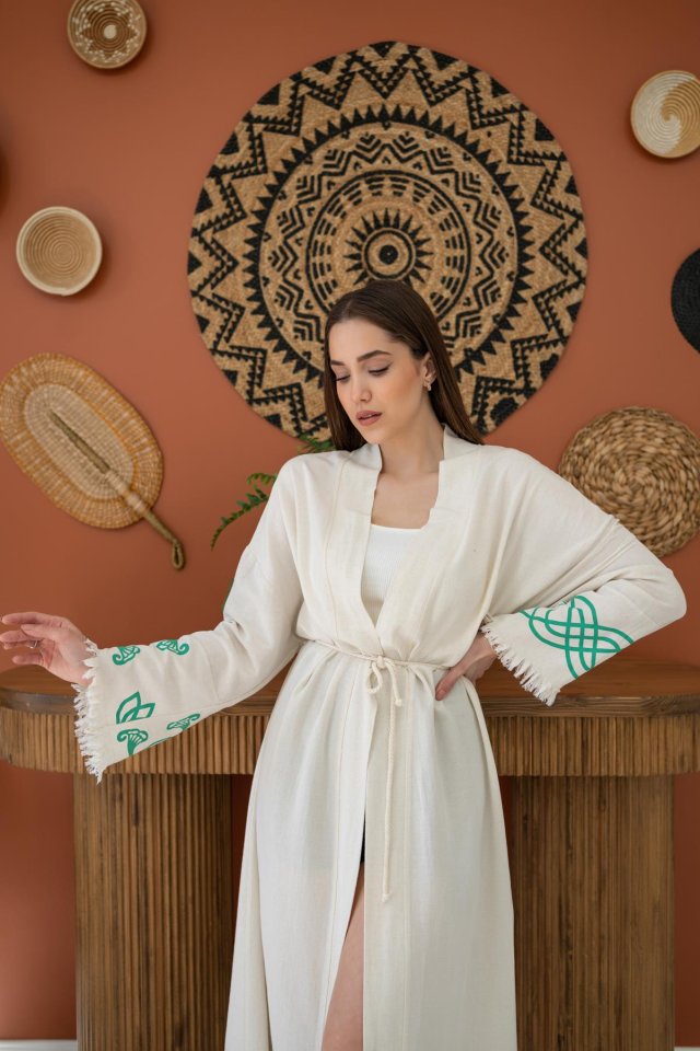 Yeşil Baskı Detay Keten Hırka