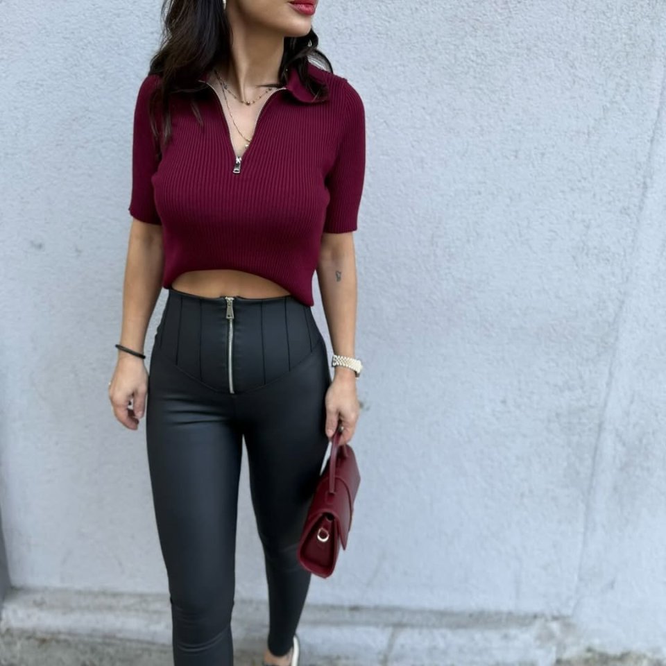 Kadın Geniş Fermuarlı Toparlayıcı Yüksek Bel Içi şardonlu Deri Tayt