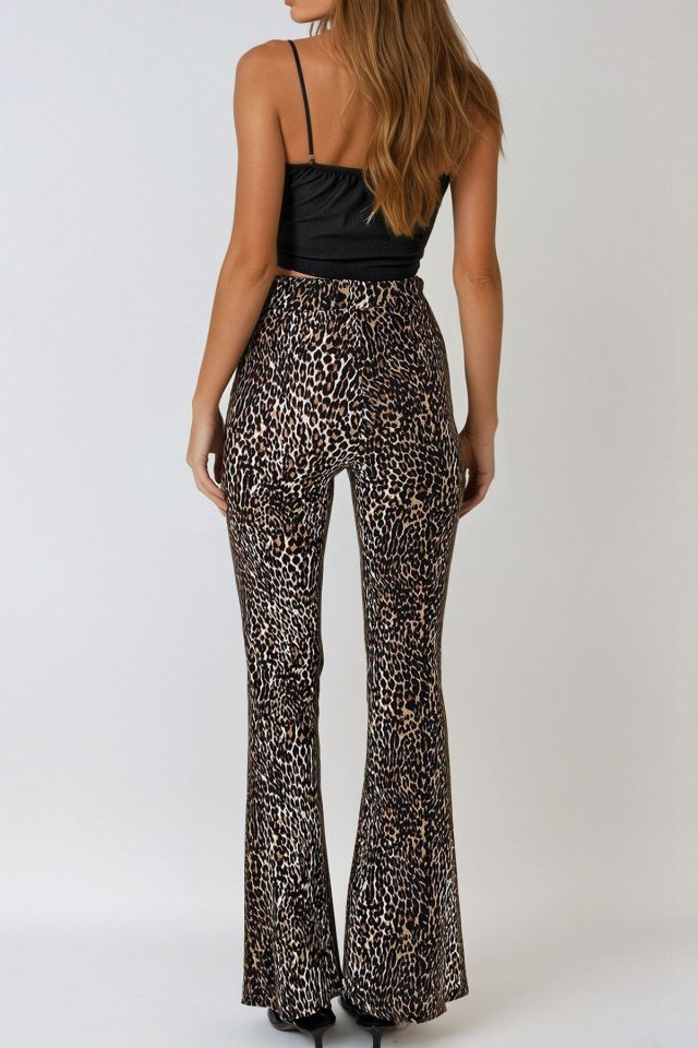 Kadın Yüksek Bel Ispanyol Paça Krep Kumaş Leopar Pantolon
