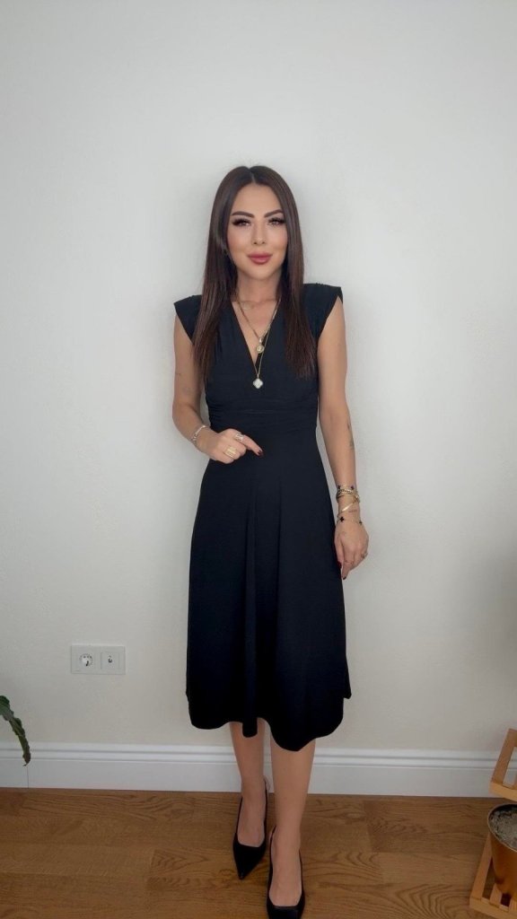 Kadın Kısa Kollu Kruvaze Yakalı Bel Korsajı Buzgulu Midi Janjan Krep Elbise