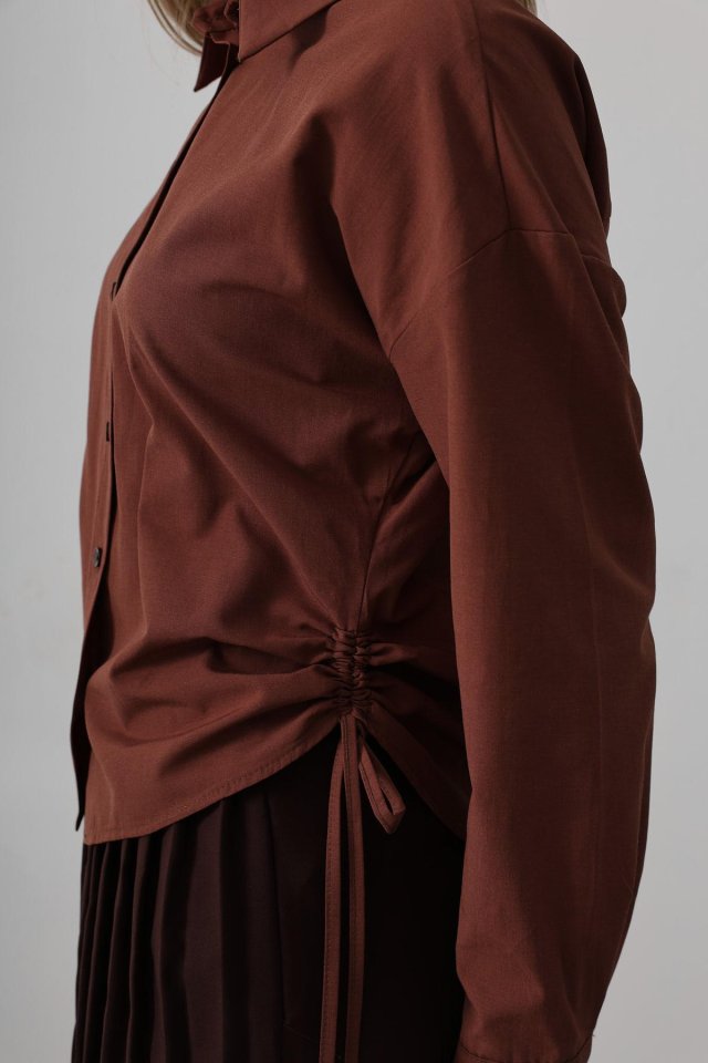 Yanları Bağlamalı Basic Gömlek - Koyu Kahve