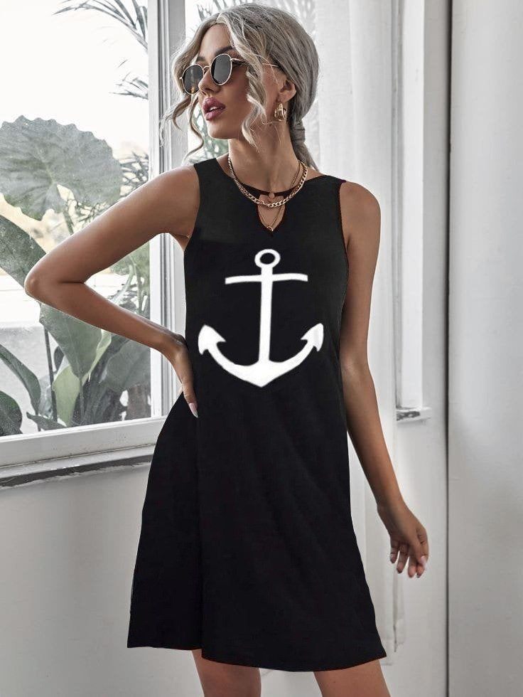 Kadın Kolsuz Halka Detay çıpa Baskılı Viskon Elbise