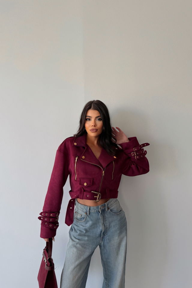 SÜET CROP CEKET KOL 3 KEMER DETAYLI - Bordo