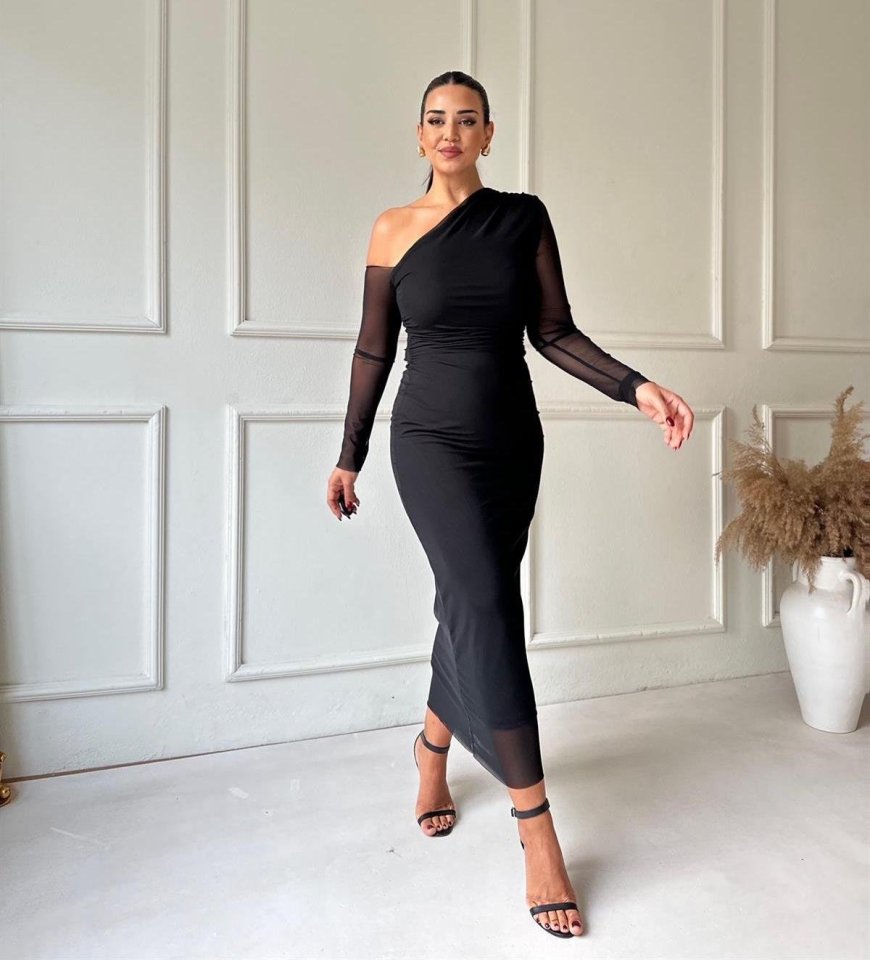 Kadın Uzun Kollu Omuz Dekolteli Içi Astarli Midi Boy Tül Elbise