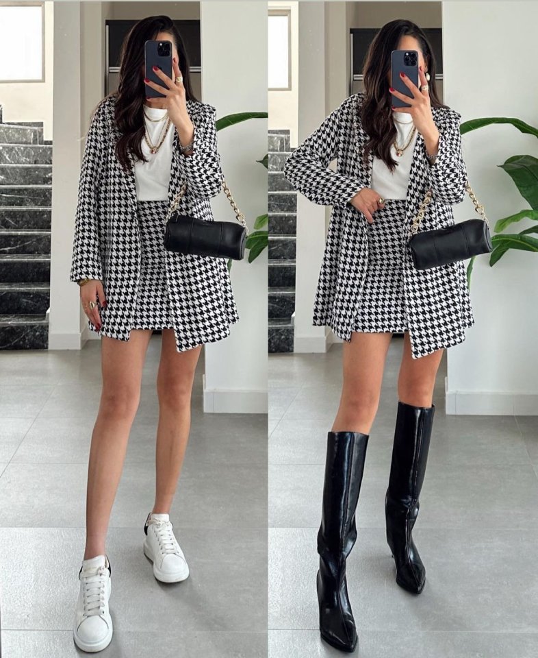 Kadın Kazayağı Desen Vatka Detay Kaban Ve Yüksek Bel Etek Ikili Takım