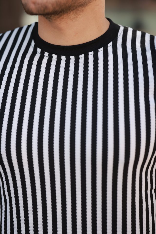 Erkek Siyah Beyaz örme Pamuklu Kumaş Kısa Kollu T-shirt