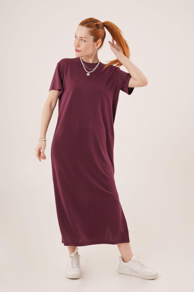 Yırtmaç Detaylı Kısa Kollu Salaş Maxi Bordo Elbise