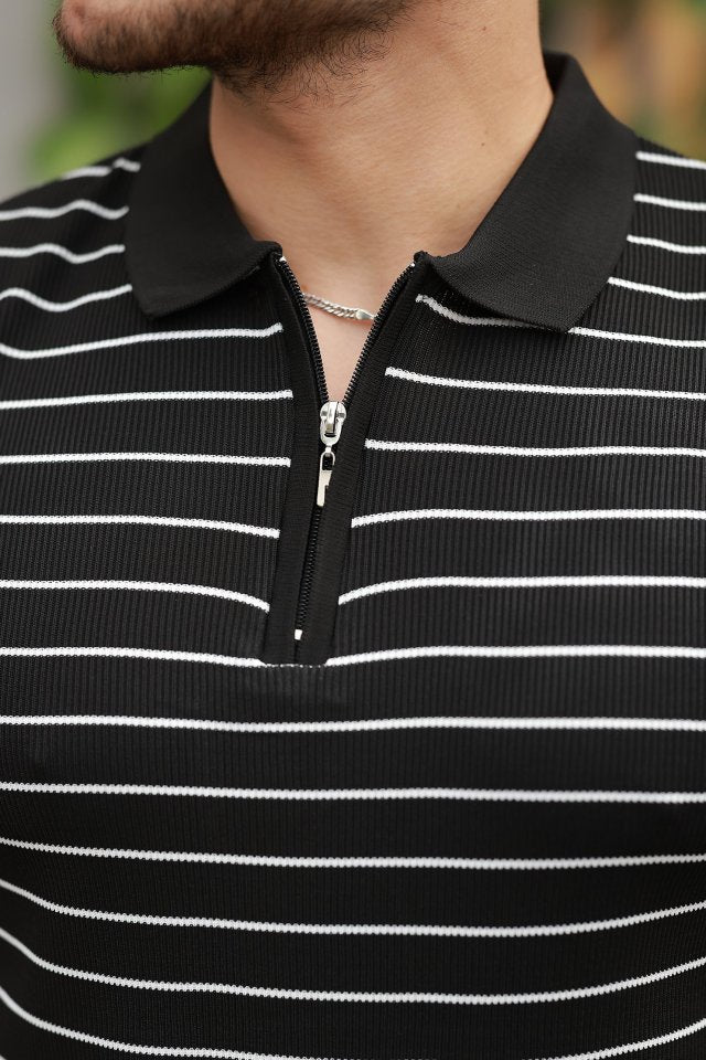 Erkek Fermuar Yakalı çizgili Kısa Kollu T-shirt