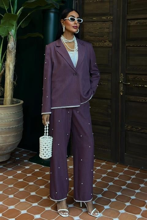 İnci Detaylı Ceket Pantolon Keten Takım 10124