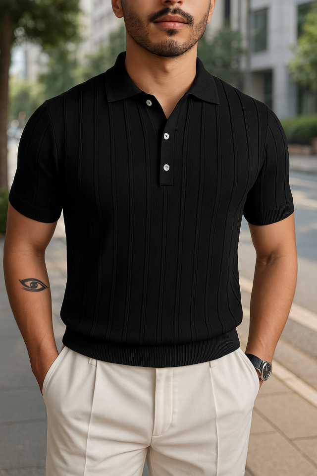 Erkek Kısa Kollu Yakalı önden Düğmeli Triko Bluz