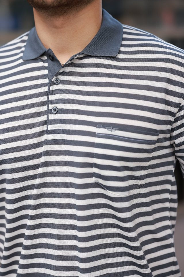 Erkek Yakalı çizgili Kısa Kollu T-shirt