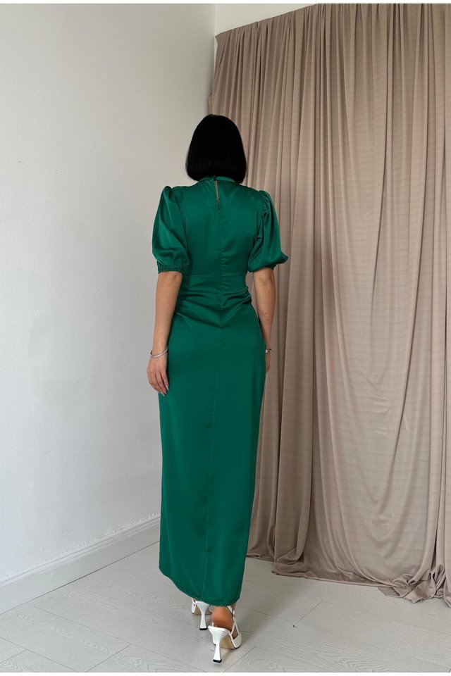 Petrol Büzgülü Saten Elbise