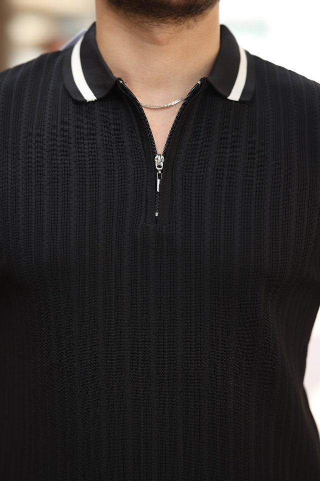 Erkek Yaka Ve Kolları çizgi Detaylı Fermuarlı Kısa Kollu T-shirt