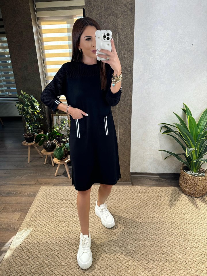 Kadın Viskon Pamuklu Kumaş Kol File , şerit Ve Cep Detaylı Elbise