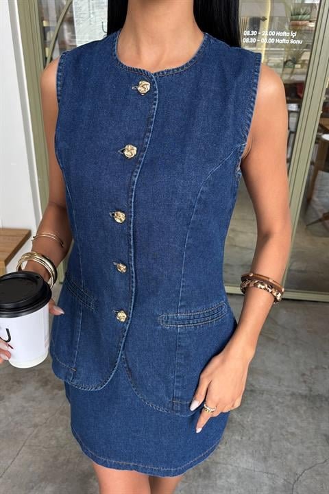Kolsuz Yelekli Mini Etekli Denim Takım 10164
