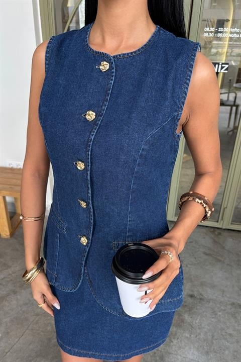 Kolsuz Yelekli Mini Etekli Denim Takım 10164