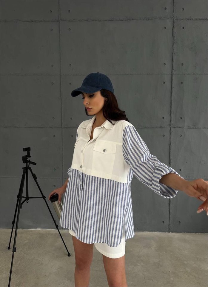 GABARDİN ŞORT - GABARDİN - ÇİZGİLİ KETEN GARNİLİ CEKET TAKIM - Lacivert