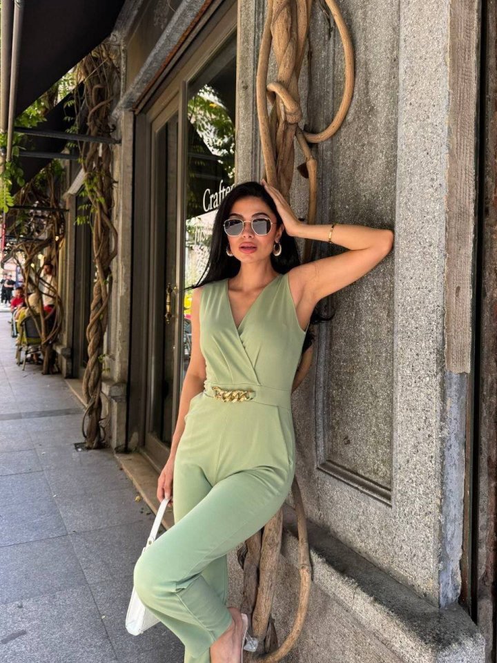 Kadın Kruvaze Yaka Kemer Detaylı Scuba Krep Tulum