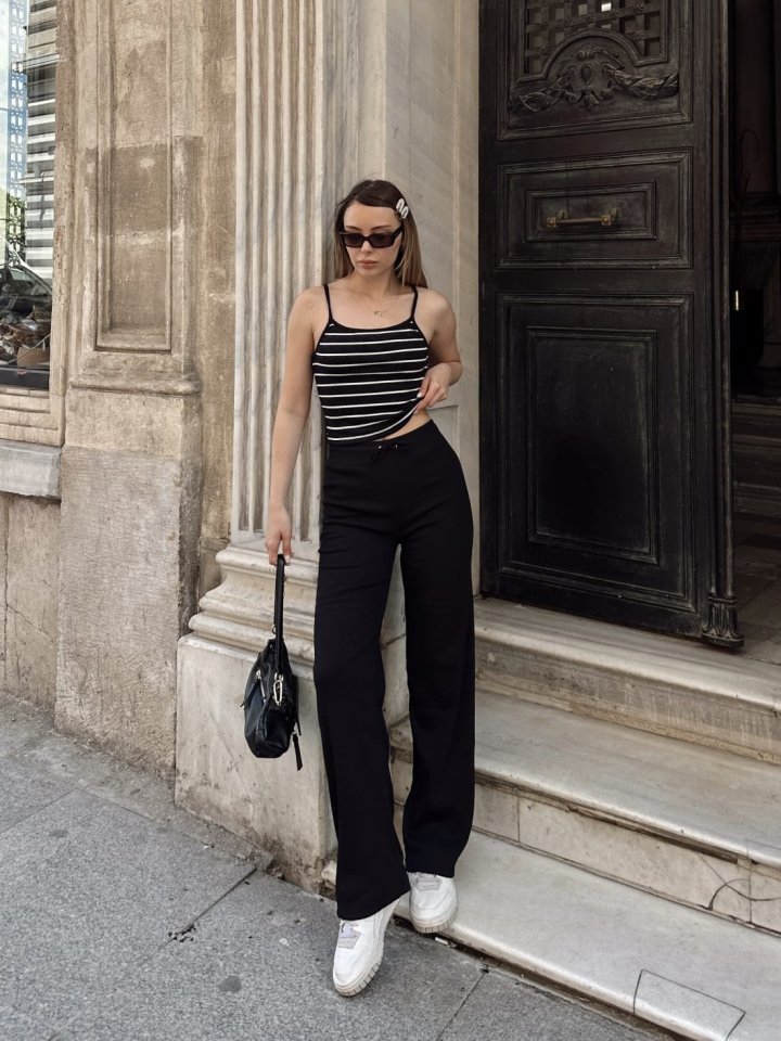 Kadın Kaşkorse Kumaş Askılı çizgili Takım