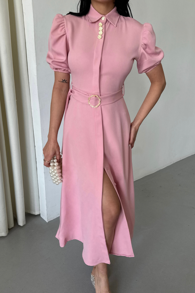 YAKA DÜĞME DETAYLI ELBİSE- Pembe