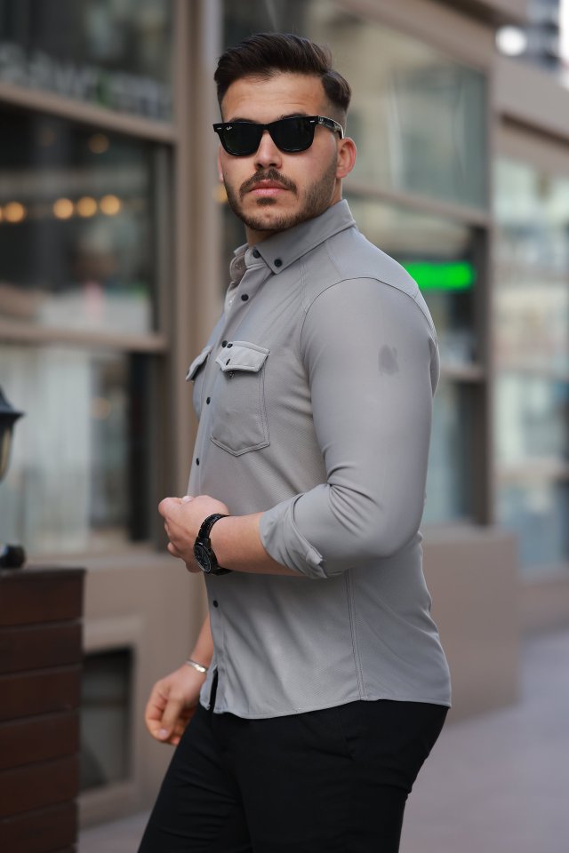 Erkek çift Cepli çıtçıt Düğmeli Uzun Kollu Gömlek
