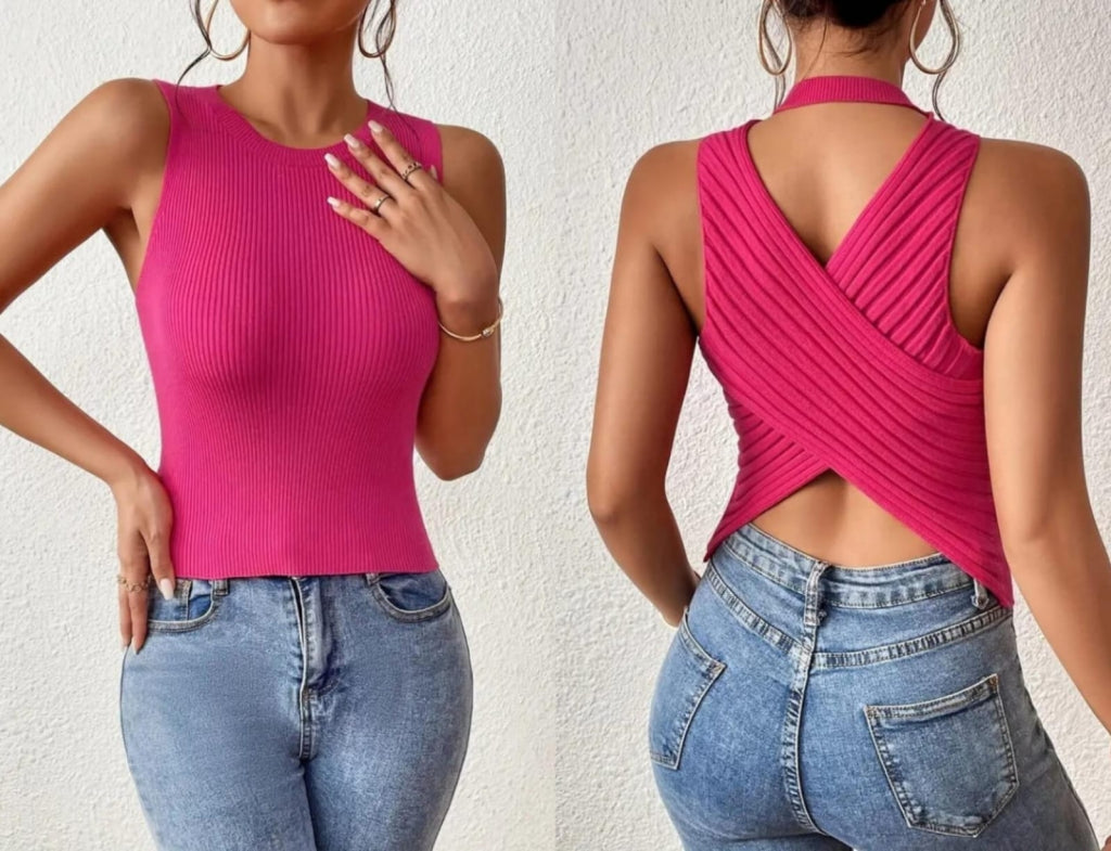 Kadın Sıfır Kol Sırt çapraz Detay Triko Bluz