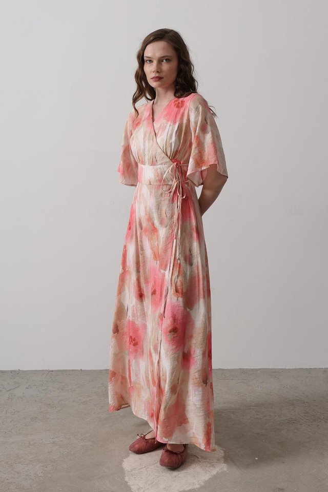 Yandan Bağlamalı Desenli Elbise - Pembe