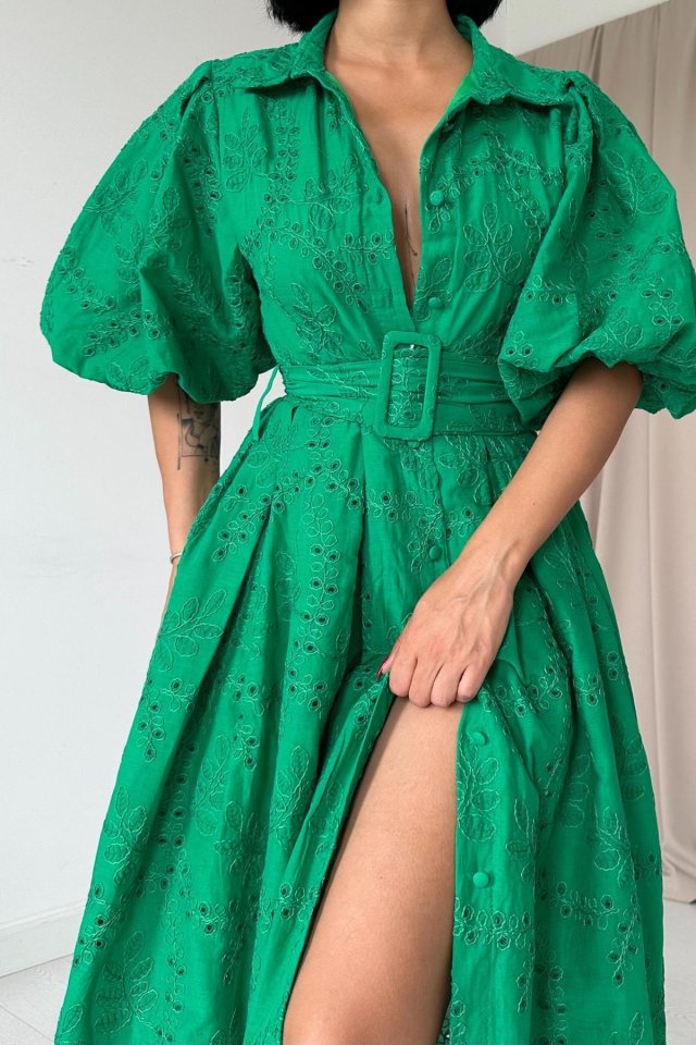 Yeşil Pileli Balkon Elbise