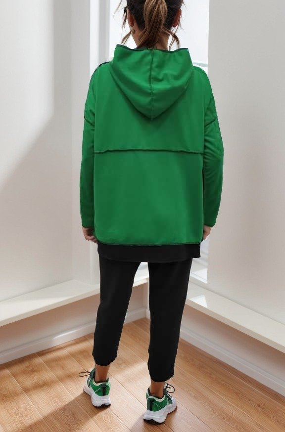 Kadın Yeşil Kapşonlu Etek Ucu Detay Arma Ters Dikiş Gorunumlu Ikili Takım