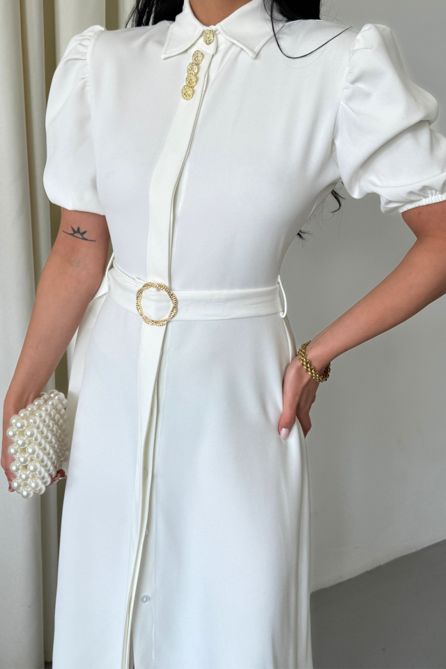 YAKA DÜĞME DETAYLI ELBİSE - Beyaz