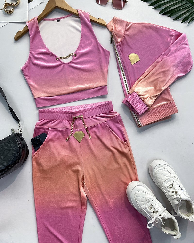 Kadın Uzun Kollu Askılı Yuvarlak Yakalı Krop Bluz, Uzun Kollu önden Fermuarlı Ceket Ve Pantolon Dalgıç üçlü Takım