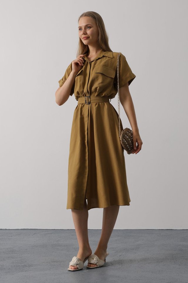 Kuşaklı Cep Detaylı Yarım Kol Elbise - Yağ Yeşili