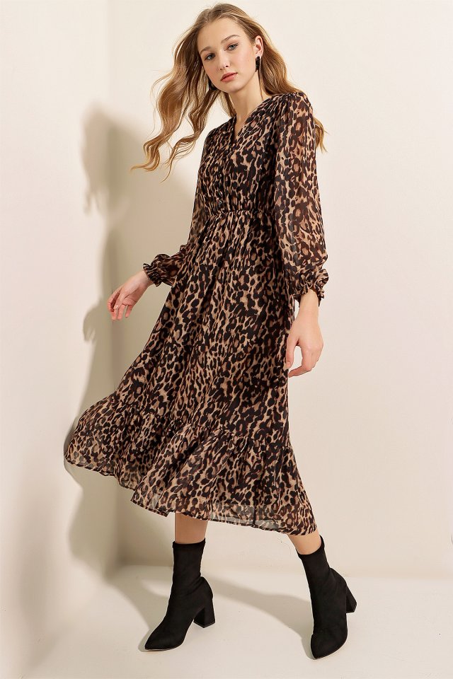 2137 Desenli Şifon Elbise - C. Kahverengi