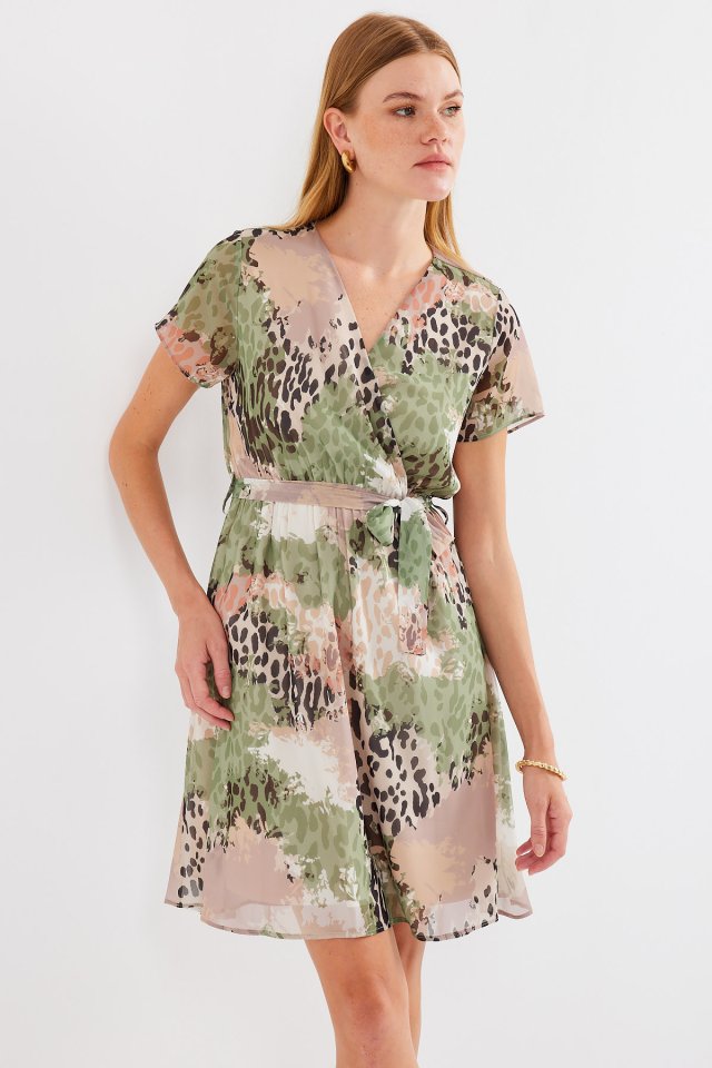 2502 Kısa Kol Desenli Şifon Elbise - Çağla