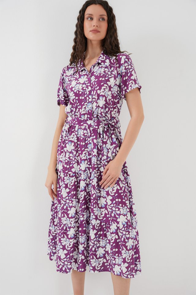 2191 Kısa Kol Desenli Elbise - Mor