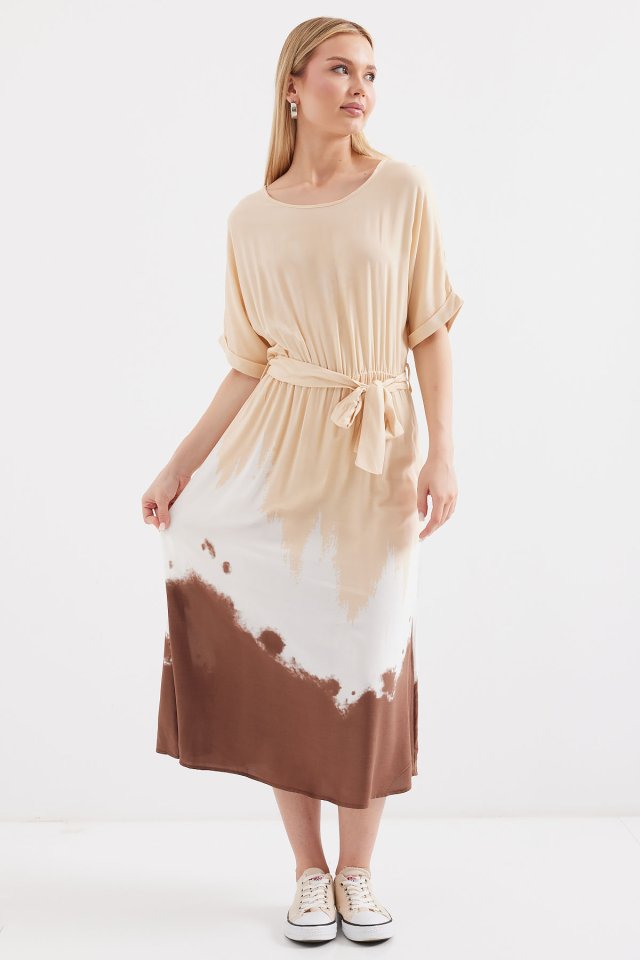 2504 Desenli Kısa Kol Viskon Elbise - Krem