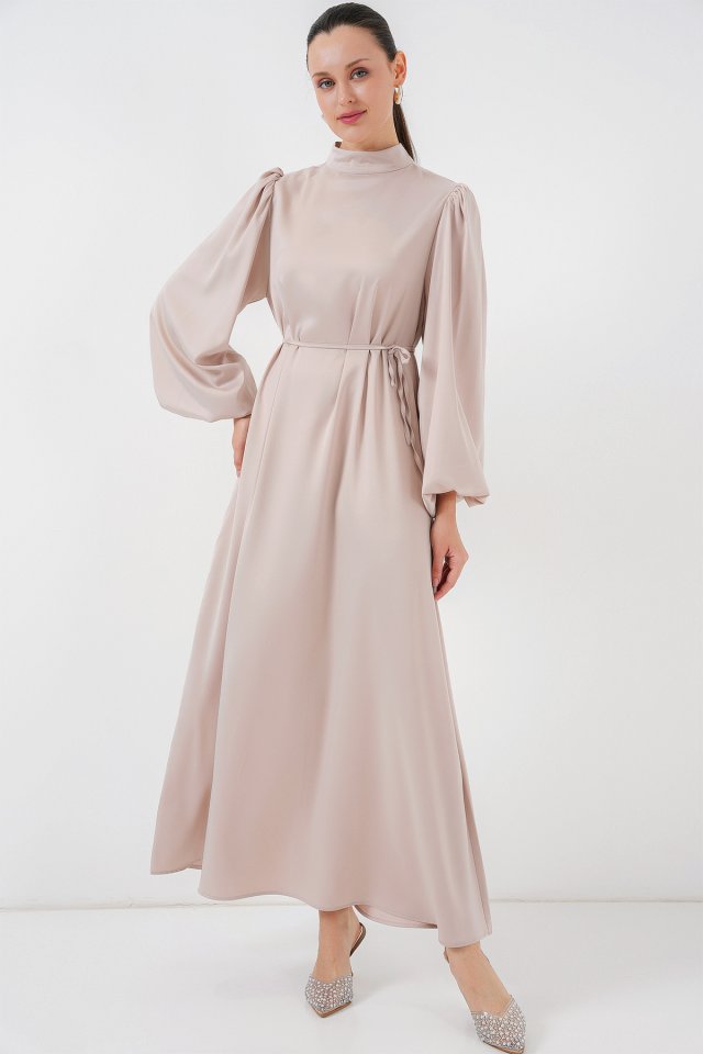 2510 Saten Tesettür Abiye Elbise - M. Krem