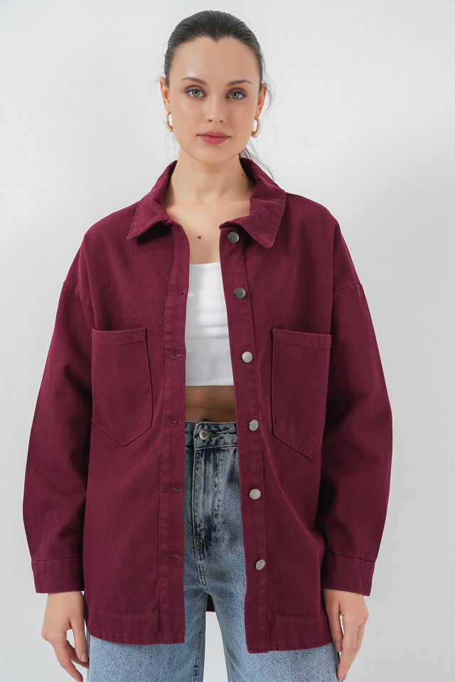 20192 Oversize Gabardin Gömlek Ceket - Bordo
