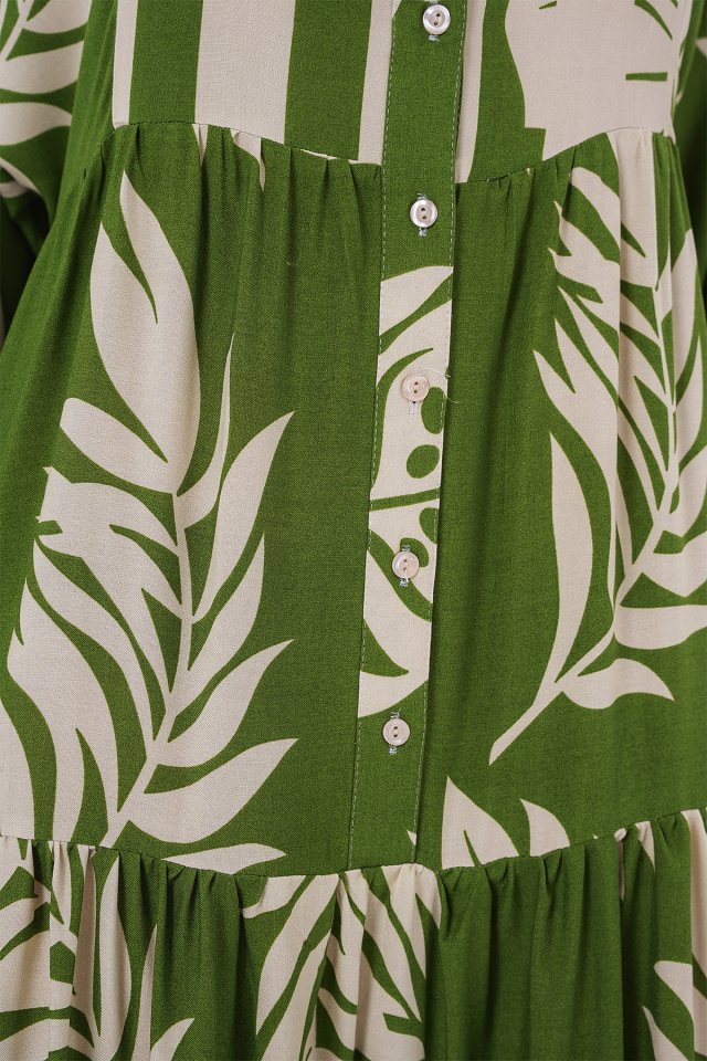 2423 Otantik Desenli Tesettür Elbise - Yeşil 5