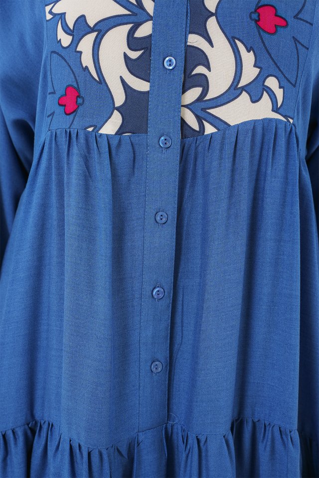 2423 Otantik Desenli Tesettür Elbise - F. İndigo