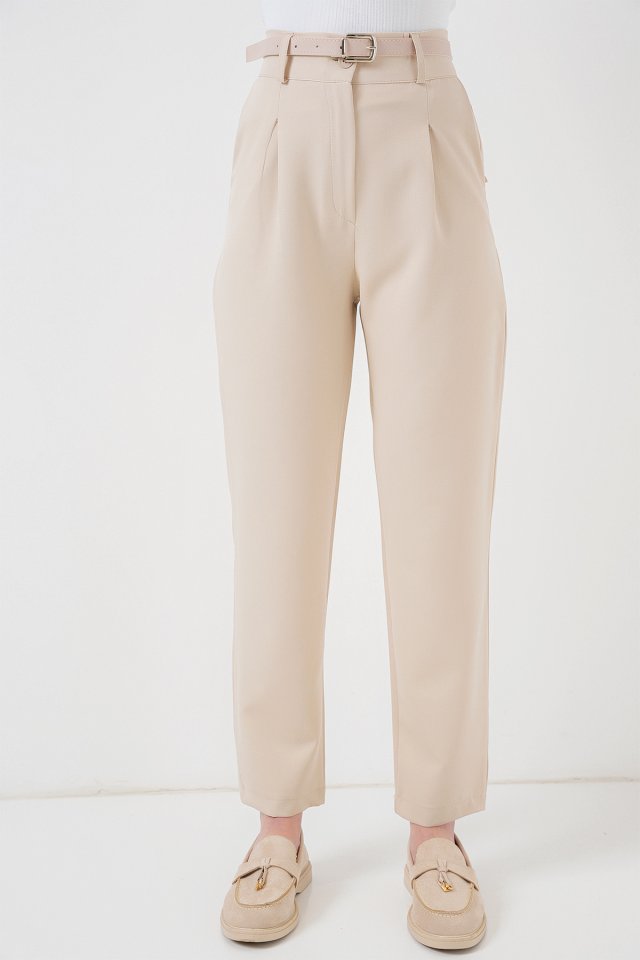 Pileli Kemerli Kumaş Pantolon 6725 - Krem