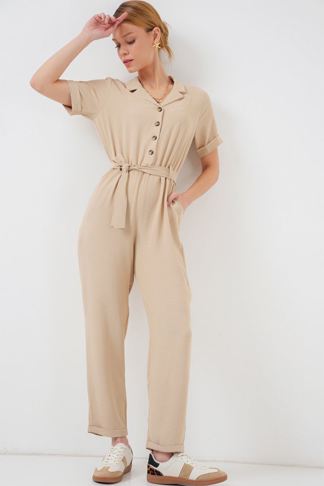 Kısa Kol Ayrobin Tulum 7030 - Krem