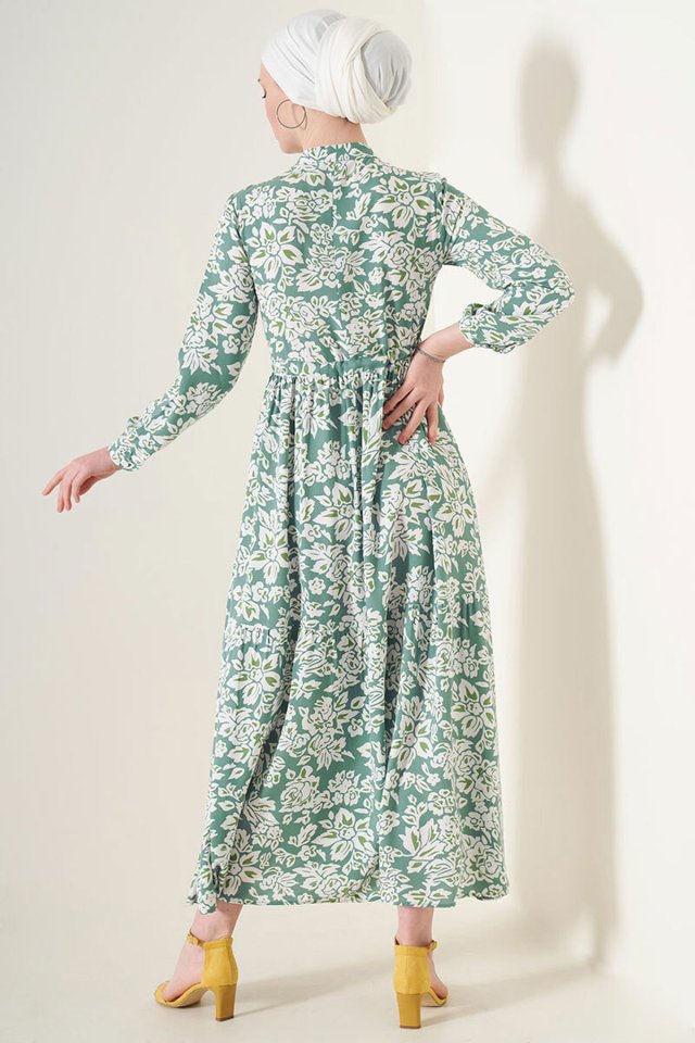 2144 Hakim Yaka Tesettür Elbise - Çağla