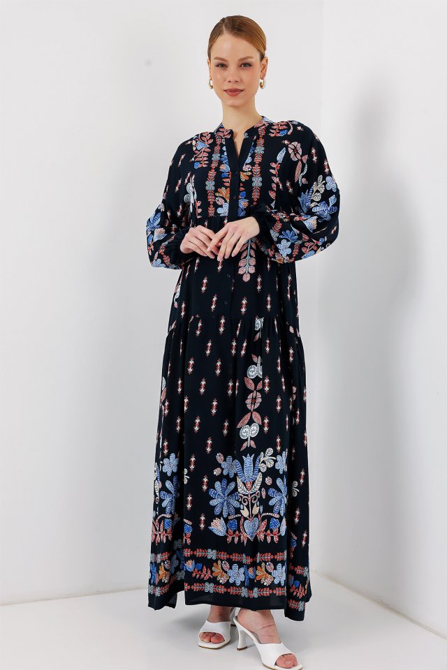 2423 Otantik Desenli Tesettür Elbise - Siyah - Mavi