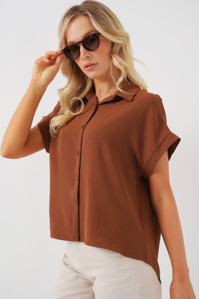 Oversize Kısa Kol Gömlek 20322 - Taba