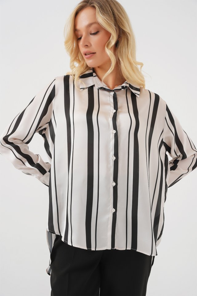 Çizgili Uzun Saten Gömlek 20291 - Siyah