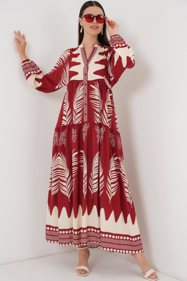 2423 Otantik Desenli Tesettür Elbise - G.Bordo